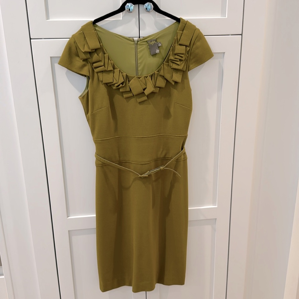 Taylor Dress Jersey Knit Cap Sleeve olive moss Belt 6 stretch comfort